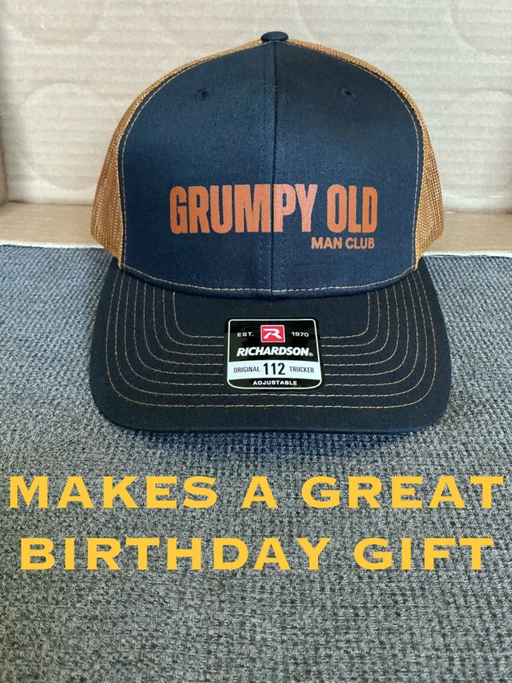 Richardson Grumpy Old Man Club SnapBack Mesh Trucker Hat - Navy and Caramel